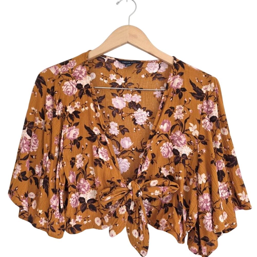 American Eagle Large Floral Tie Front Crop Top Flutter Bell Sleeve Boho Yellow